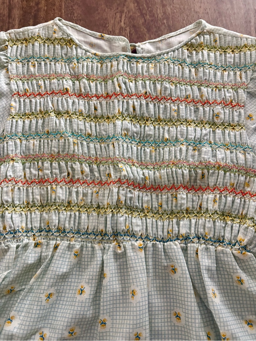 Vintage Handmade Smocked Gingham Floral Maxi Dress Cottagecore Prairie 1970s